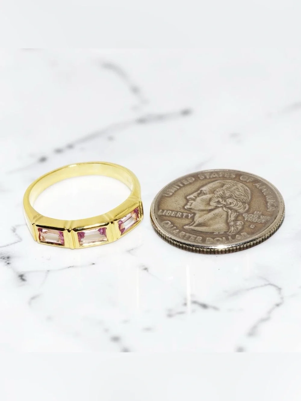 Pink Sapphire 3 Stone Band Gold Over Sterling Silver Lab Created Emerald Cut